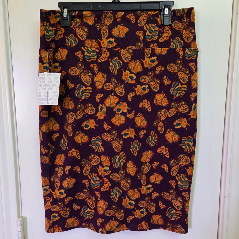 LuLaRoe Cassie Pencil Skirt Large Purple Butterfly Print Stretch Knee Length NWT